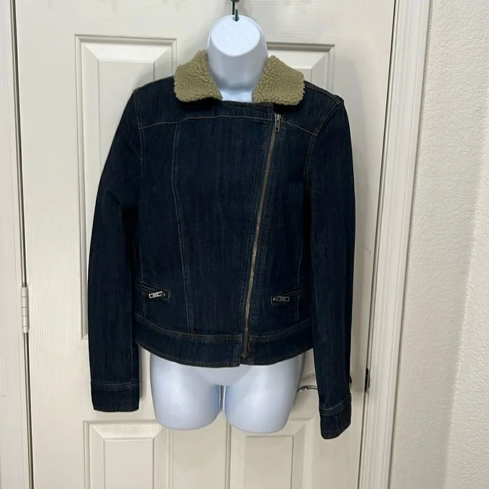 Articles of Society Moto Jacket Dark Blue Denim Sherpa Collar Size Medium New